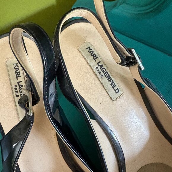 Karl Lagerfeld Pump Heel Sandal Leather Peep Toe Slingback Buckle Black 10 - Picture 2 of 3